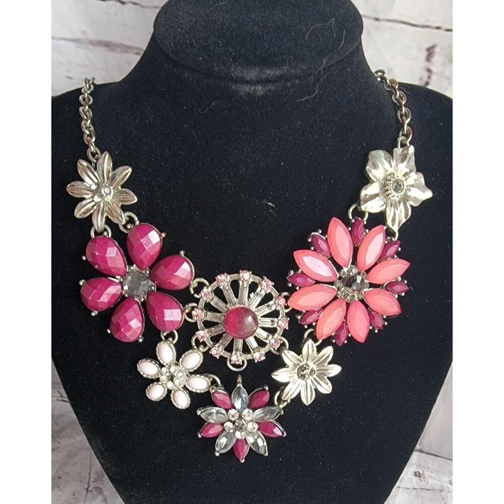 Cascading Pink Floral Silvertone Costume Necklace statement piece Chunky
